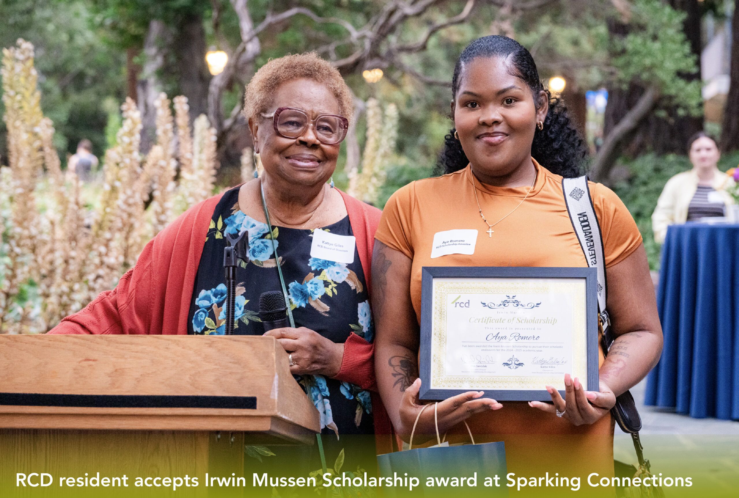 RCD resident accepts Irwin Mussen Scholarship award at Sparking Connections, RCD's annual fundraiser